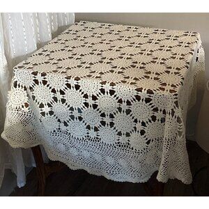 VTG Handmade Cream Crochet Round Squareish Tablecloth 55" Lace Floral Design Cot
